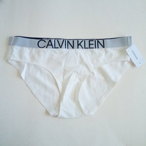 Calvin Klein White Bikini Panties With Wide Grey Black Waist Band Women Size L/G - Picture 1 of 9